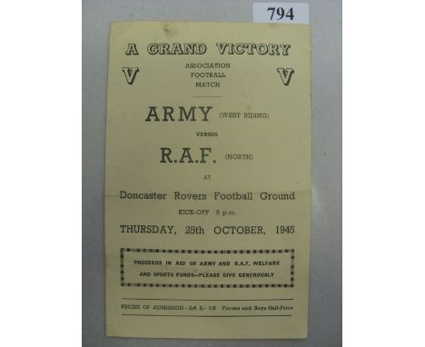 1945/46 Army (West Riding) v RAF (North), a programme from the game played at Doncaster on 25/10/1945