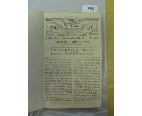 1934/35 Arsenal, a bound volume of the first team and reserve team football programmes, bound without covers, also includes t