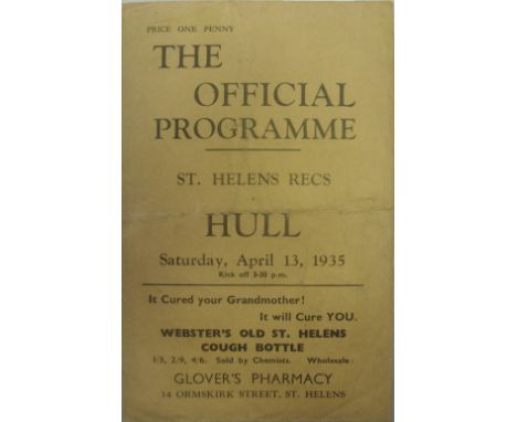 1934/1935 Rugby League Programme, St Helens Recs v Hull, Official Four page programme for the fixture played 13/04/1935 (ligh