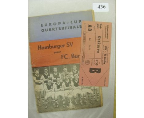 1960/61 Hamburg v Burnley, a programme, and rare ticket from the European Cup game played on 15/03/1961, the ticket is unused