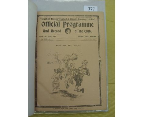 1929/1930 Tottenham Hotspur, a bound volume of 48 football programmes, to include 21 league games, 1 FA Cup, 2 practice match