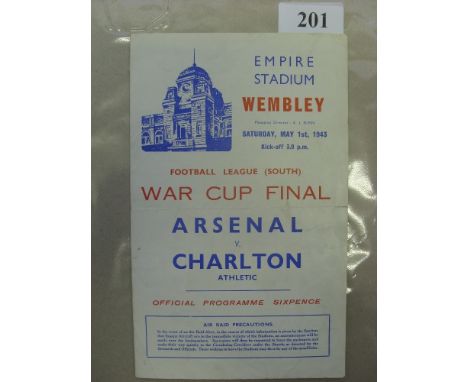 1943 Football League South War Cup Final, Arsenal v Charlton, a programme from the game played at Wembley on 01/05/1943, on t