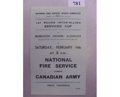 1943/1944 National Fire Service v Canadian Army, a programme from the game played at the Recreation Ground, Aldershot FC on 1