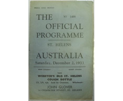 1933/1934 Rugby League Programme, St Helens v Australia, Official programme for the touring fixture, played 02/12/1933 (light