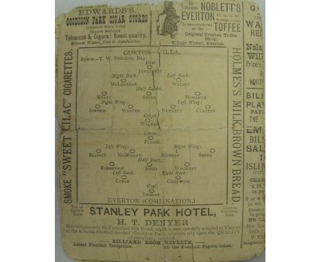 1892/93 Everton Reserves v Gorton Villa, a programme/card for the game played on 20/10/1892.  This was one of the first games