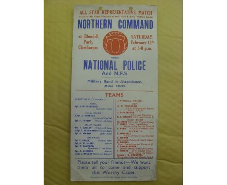 1943/1944 Northern Command v National Police, an advertising poster/leaflet for the game played at Grimsby on 12/02/1944, inc