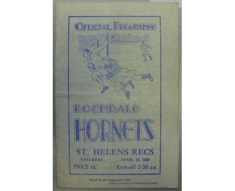 1937/1938 Rugby League Programme, Rochdale Hornets v St Helens Recs, Official programme for the fixture played 16/04/1938 (li