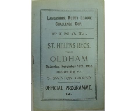 1933/1934 Rugby League Programme, Lancashire Challenge Cup Final, St Helens Recs v Oldham [At Swinton], Official programme fo