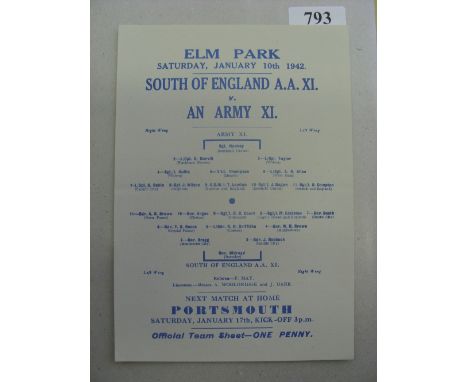 1941/1942 South of England XI v Army XI, a programme from the game played at Reading on 10/01/1942