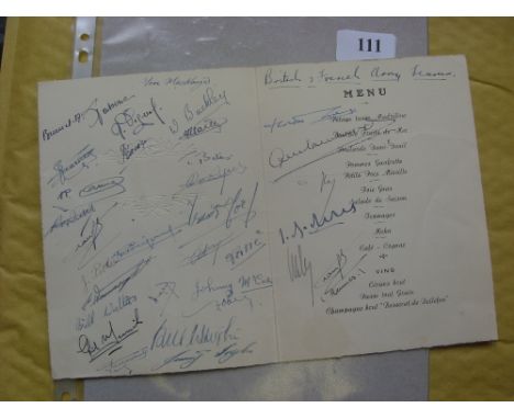 1946/47 French Army v British Army, a menu from the Dinner held for both teams in Paris on 13/03/1947, the Dinner menu is aut