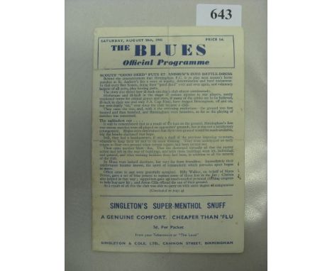 1943/44 Birmingham City v Coventry City, a programme from the game played on 28/08/1943.  This fixture is commonly thought to