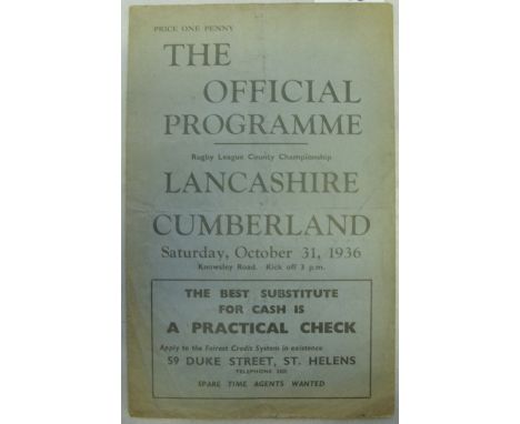 1936/1937 Rugby League Programme, Lancashire v Cumberland [At St Helens], Official Four page programme for the County Champio