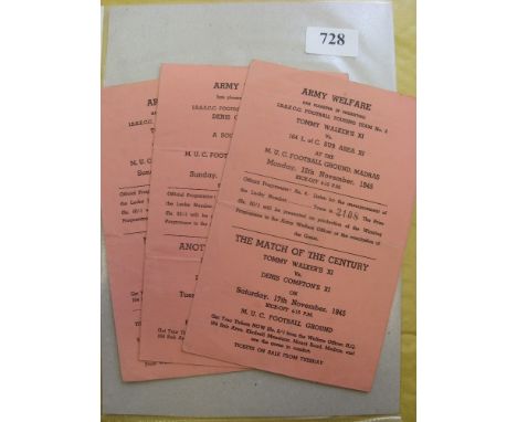 1945/46 A collection of 3 football programmes from Army Welfare game played at the MUC Football Ground, Madras, India.  There