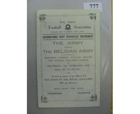 1927/1928 The Army v The Belgian Army, a programme from the game played at the Woolwich Garrison Athletic Ground on 16/02/192