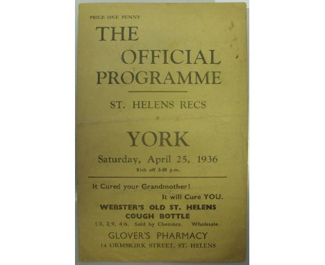 1935/1936 Rugby League Programme, St Helens Recs v York, Official Four page programme for the fixture played 25/04/1936 (ligh