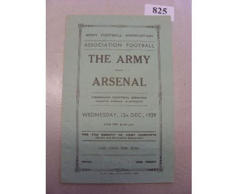 1939/40 The Army v Arsenal, a programme from the game played at the Command Central Ground, Aldershot on 13/12/1939