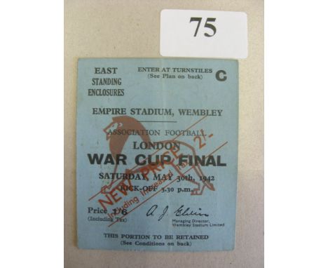 1942 Ticket, London War Cup Final, Brentford v Portsmouth, from the game played at Wembley on 30/05/1942