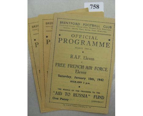 Brentford, a collection of 3 programmes from representation games played at Griffin Park, 10/01/1942 RAF v Free French Fair F