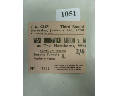 1957/58 West Bromwich Albion v Manchester Utd, a ticket from the FA Cup tie played on 04/11/1958