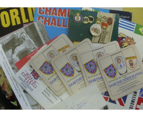 World Cup 1966 selection, to include Six rare pin badges, Tournament brochure containing many caricatures, produced in Italy 