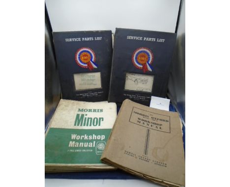 A collection of vintage motoring ephemera relating to Morris Minor to include Morris Oxford Series MO workshop manual, Britis