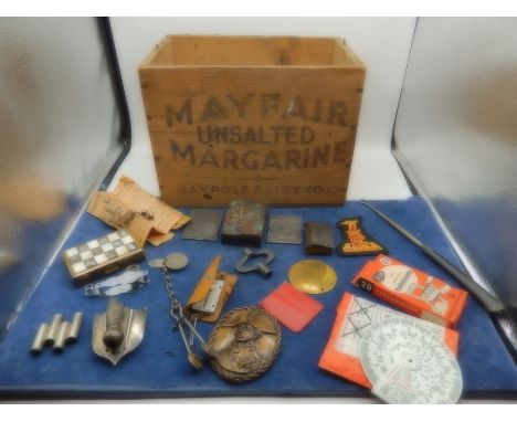 Maypole Dairy co margarine box with collectors items to include a compact, bakelite vesta case, printing blocks etc 