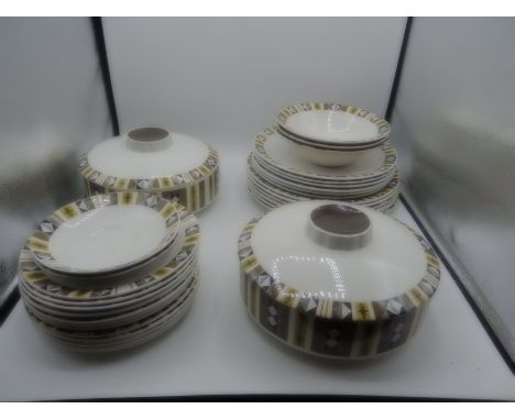 Retro 'Oakwood' part dinner service with geometric design comprising of 2 terrines, serving plate, 6 dinner plates, 6 side pl