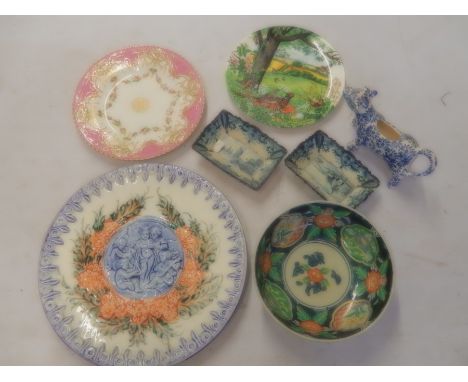 Copeland Spode plate, Portuguese charger, Wedgewood pheasant plate, Chinese bowl, blue white cow creamer and 2 delft pin dish