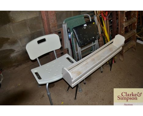 A wooden trough planter; and a disability bath seat; a folding step stool; folding chair etc.