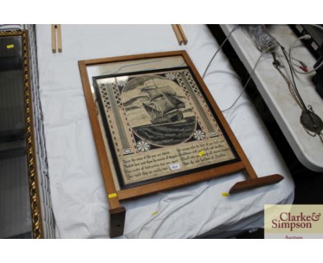 A needlework fire screen together with a pen and ink study of a sailing ship with text