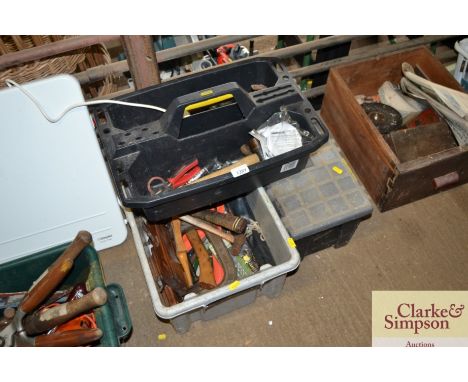 A plastic toolbox with contents and two boxes containing various tools etc.