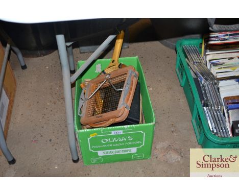 A box containing a cash tin; shoe lasts; various tools and a badminton racket 