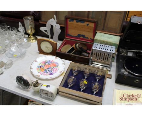 A box set of Coronation glasses, inlaid box contents of brushes, Smiths mantel clock, Primer electric toasters (sold as colle