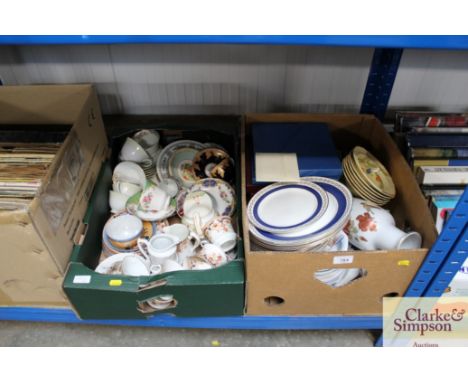 Two boxes of various tea and dinnerware to include Royal Worcester "Seaside Memories", various vases, Paragon tea ware