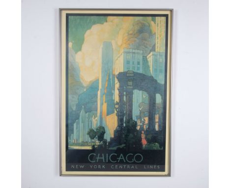 A color lithograph by Leslie Ragan, originally designed in 1929 to promote travel on the New York Central Line railroad. This
