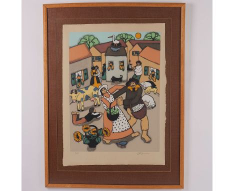 Village Scene is a bright and cheerful original color serigraph on laid paper by German artist Elke Sommer who is primarily i