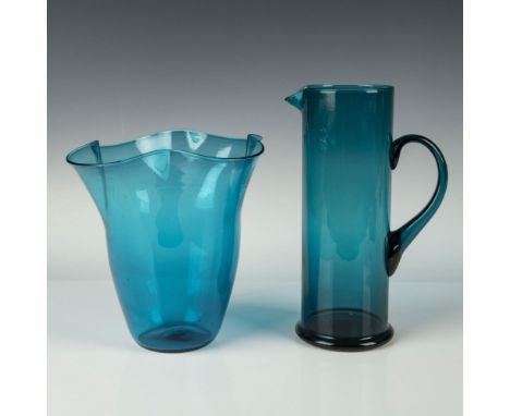 Lovely turquoise blue art glass decor items. Lot includes tall, furled edge bowl (10"H x 9.5" dia.) and tall cocktail pitcher