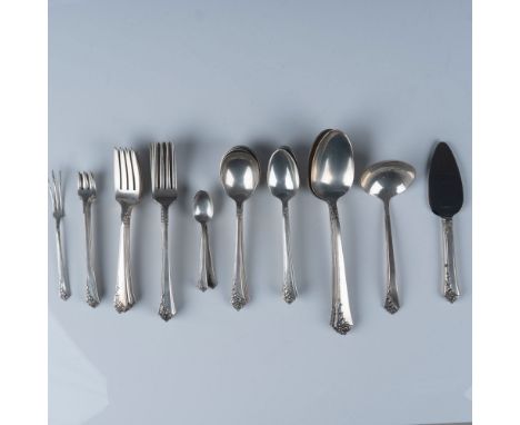This gorgeous set includes six dinner forks (7.25"L), six salad forks (6.75"L), six spoons (6.25"L), five soup spoons (6.25"L
