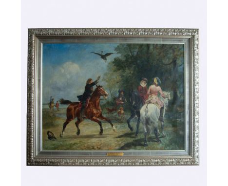 An exquisite 19th-century original oil painting titled&nbsp;La Chasse au Faucon&nbsp;(Falcon Hunting Scene) by the renowned F