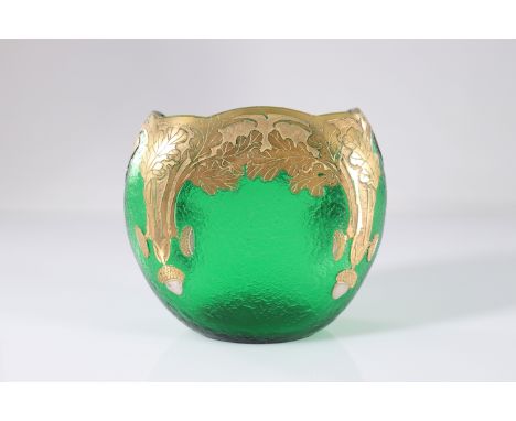  MONTJOYE ovoid vase, oak decor engraved and enhanced with gold, green granite background, circa 1900 - Sizes: H 135 mm L 155