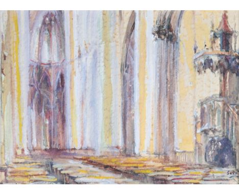  "SHA Qi (1914-2005) watercolor "the interior of the Sablon church" - Sizes: H: 285 mm L: 340 mm Hors Cadre: H: 160 mm L: 220