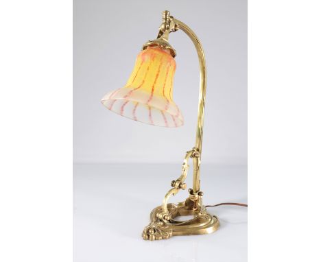  Large 1900 bronze foot lamp with ball joint, large red threaded DAUM tulip - Sizes: H 440mm - Weight (K): 5,4kg - Condition: