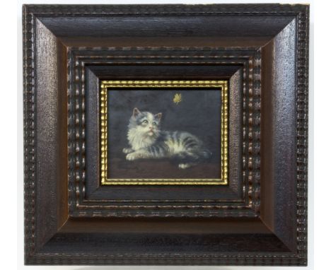 BACHMANNDeutscher Katzenmaler, 20.Jh. Katze mit Schmetterling. Öl/Holz, signiert. 8,5x10,5cm, Ra.