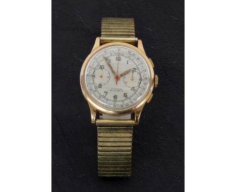 DELBANA HERRENARMBANDUHRGehäuse 750/000 Gelbgold. Chronometer mit Stoppfunktion, Ziffernblatt mit Tachymeterskala. Staubdecke