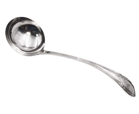 Early 20th century silver soup ladle, with reed and leaf border, engraved with monogram to terminal, hallmarked Harrison Brot