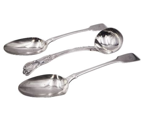 Pair of Victorian silver Fiddle pattern table spoons, with engraved monogram to terminals, hallmarked James Barber, York 1852