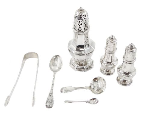 Group of silver, to include early 20th century sugar caster, of octagonal bellied form, with domed and pierced cover, upon a 