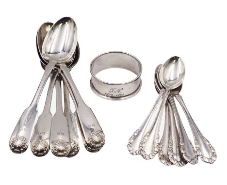 Set of six Victorian silver Fiddle Shell pattern teaspoons, hallmarked William Eaton, London 1841, together with a set of six