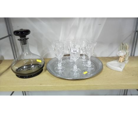 WEDGWOOD LEAD CRYSTAL DECANTER , MEXICAN ONYX ASHTRAY & 6 GLASSES