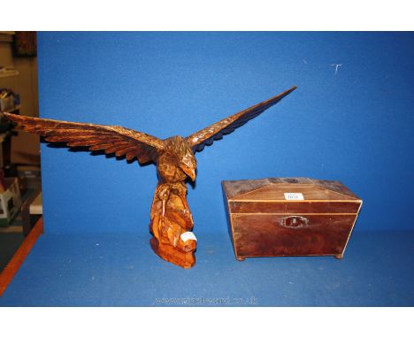 A carved wooden Eagle and a Tea Caddy, a/f.